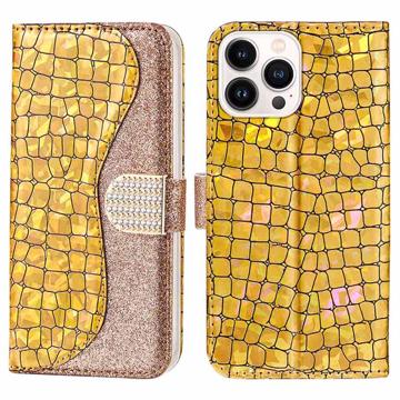 Croco Bling Series iPhone 14 Pro Max Wallet Case - Gold