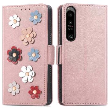 Flower Decor Series Sony Xperia 1 IV Wallet Case - Rose Gold