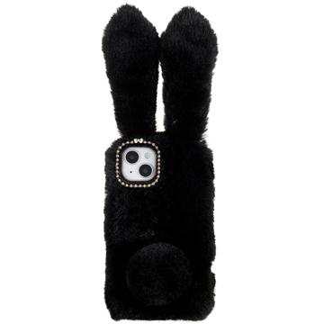 Furry Winter Bunny Ears iPhone 14 Case with Glitter - Black