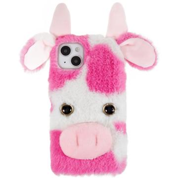Fluffy Plush iPhone 14 Hybrid Case - Pink Cow