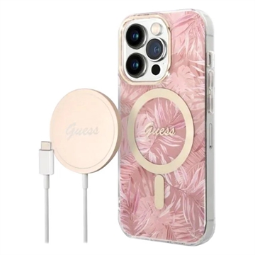 Guess Jungle Edition Bundle Pack iPhone 14 Pro Max Case & Wireless Charger - Pink