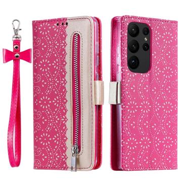 Lace Pattern Samsung Galaxy S23 Ultra 5G Wallet Case - Hot Pink
