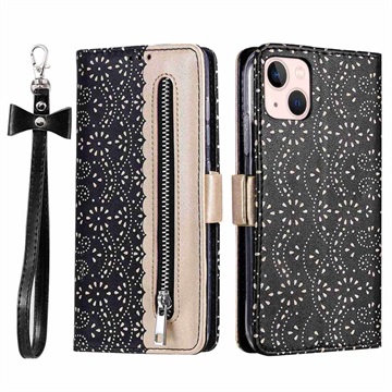 Lace Pattern iPhone 14 Plus Wallet Case - Black