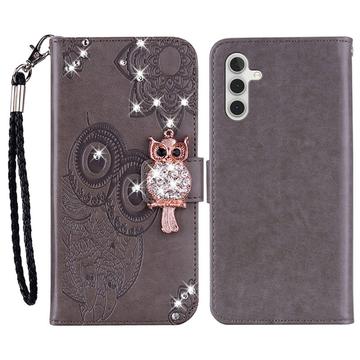 Samsung Galaxy A25 Owl Rhinestone Wallet Case - Grey