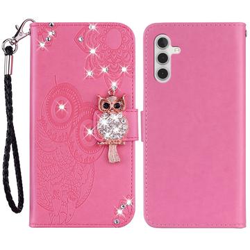 Samsung Galaxy S24 Owl Rhinestone Wallet Case - Hot Pink