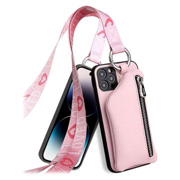 Strap Series iPhone 14 Pro Max Case with Detachable Wallet - Pink