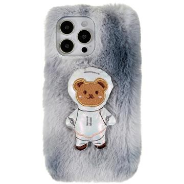 3D Plush Furry Winter iPhone 14 Pro TPU Case - Grey Bear