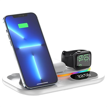 Wireless Charging Station with RGB Light and Digital Clock A06 - White