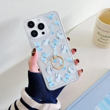 iPhone 15 Pro Max Butterfly TPU Case with Ring Holder - Light Blue