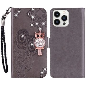 iPhone 15 Pro Owl Rhinestone Wallet Case - Grey