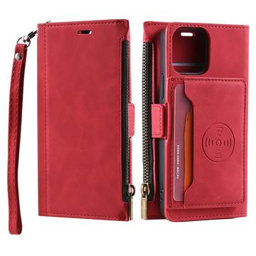 iPhone 15 Saii Zipper Wallet Case with Strap - Red