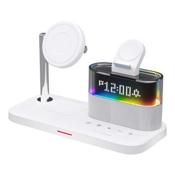 5-in-1 Magnetic Wireless Charging Station w. Alarm Clock Night Light - iPhone, AirPods, Apple Watch - White