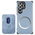 Samsung Galaxy S22 Ultra 5G Magnetic Case with Card Holder - Carbon Fiber - Blue