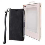iPhone 14 Pro Max Saii Zipper Wallet Case with Strap - Black
