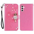 Samsung Galaxy A15 Owl Rhinestone Wallet Case - Hot Pink