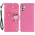 Samsung Galaxy A35 Owl Rhinestone Wallet Case - Hot Pink