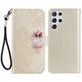 Samsung Galaxy S24 Ultra Owl Rhinestone Wallet Case - Gold