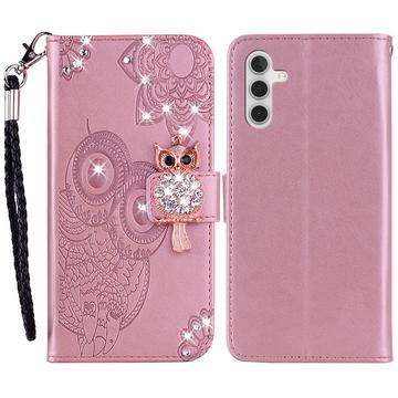 Samsung Galaxy S24+ Owl Rhinestone Wallet Case - Rose Gold