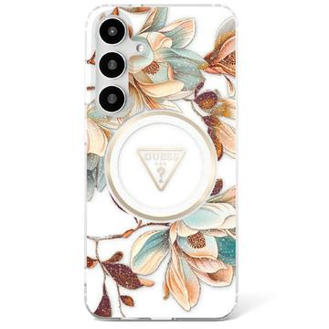 Samsung Galaxy S25 Guess Glitter Flowers Triangle Buttons MagSafe Case - White