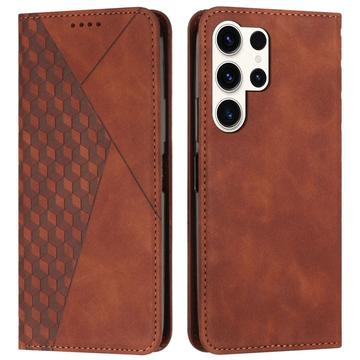 Samsung Galaxy S25 Ultra Rhombus Pattern Wallet Case with Magnetic Closure - Brown