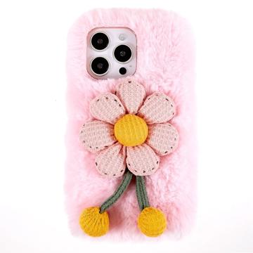 3D Plush Furry Winter iPhone 14 Pro TPU Case - Pink Flower
