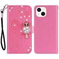 iPhone 15 Owl Rhinestone Wallet Case - Hot Pink