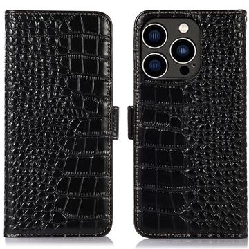 iPhone 16 Pro Crocodile Series Wallet Leather Case with RFID - Black