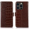 iPhone 16 Pro Crocodile Series Wallet Leather Case with RFID - Brown