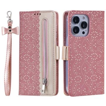 iPhone 16 Pro Max Lace Pattern Wallet Case - Rose Gold